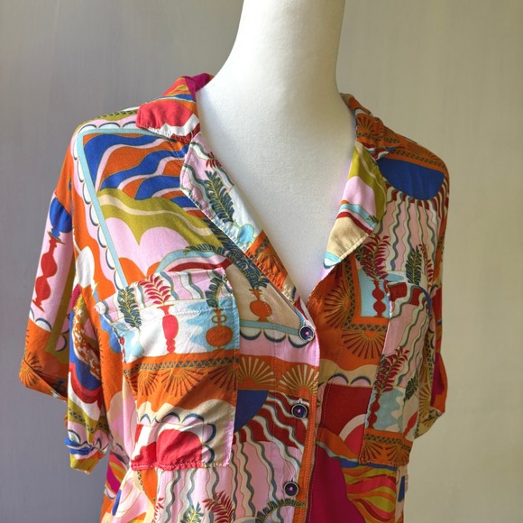 Maeve Anthropologie Bon Voyage Button Down‎ Short Sleeve Colorful Print Top Med - Picture 5 of 13